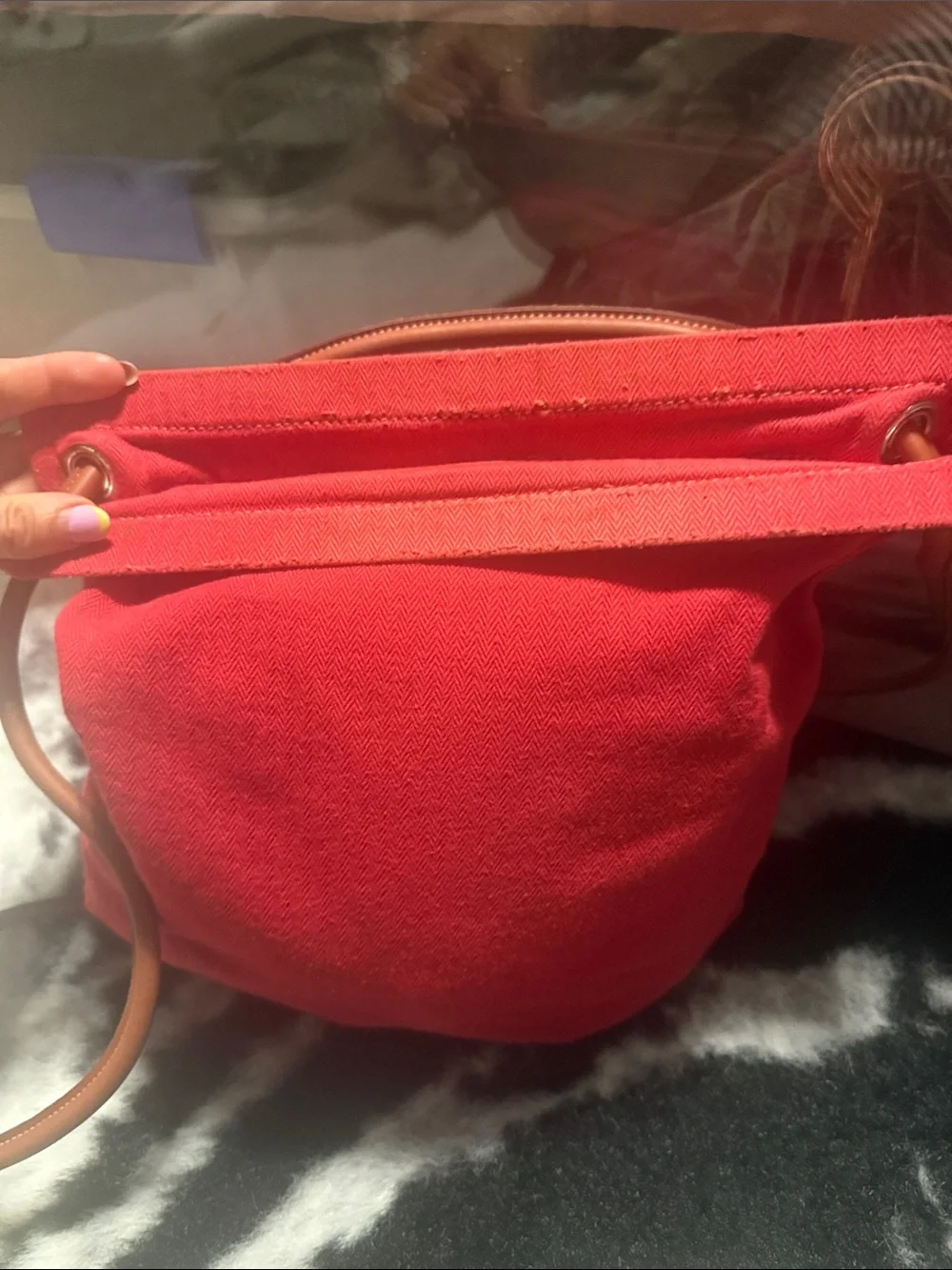 Hermes Red Canvas Drawstring Backpack with Brown Leather Straps